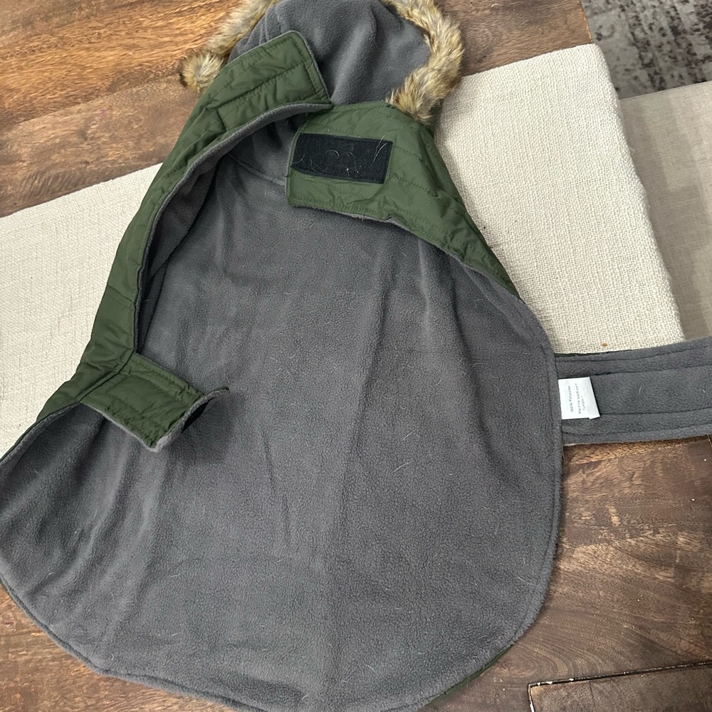 Green and Gray Dog Jacket with Faux Fur Trim